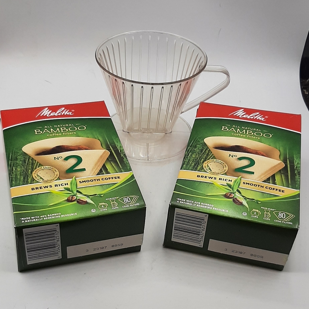 Melitta 102 Plastic Filter Holder And 2 NEW Sealed Boxes Bamboo Coffee Filters